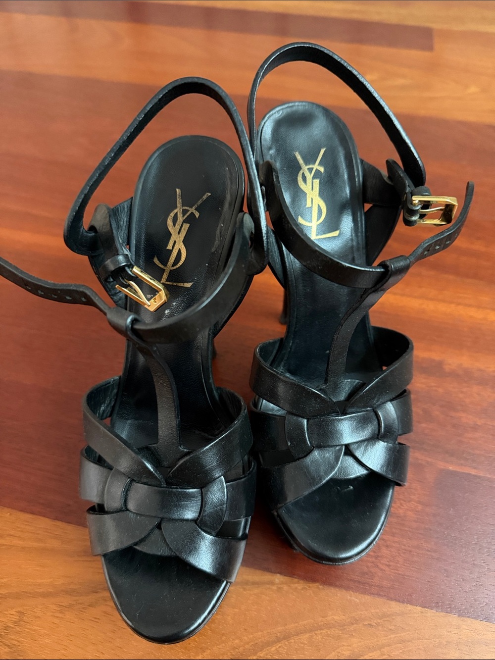 Saint Laurent Black Leather Knotted Strap Heels with Gold Buckle in Style Tribut